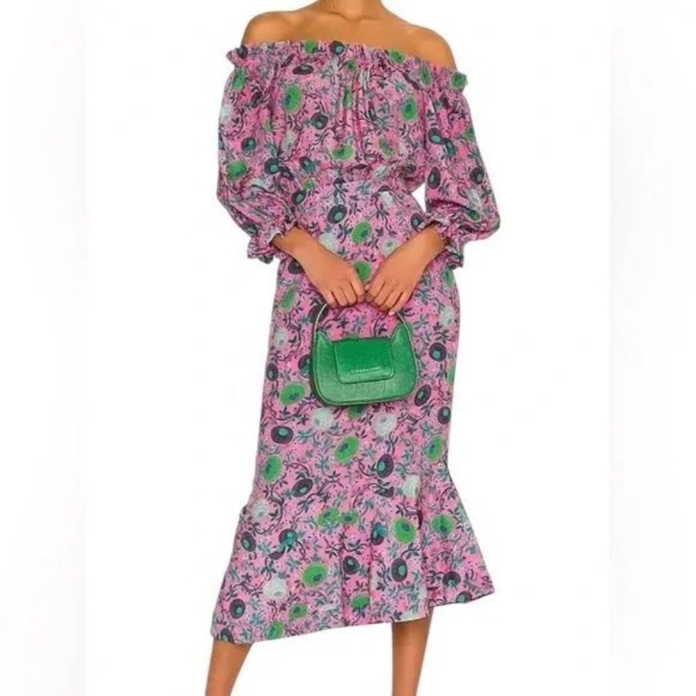 $625 Saloni Grace Pink Floral Silk Puff Sleeve Midi Dress US 6 UK 10 Asymmetric‎